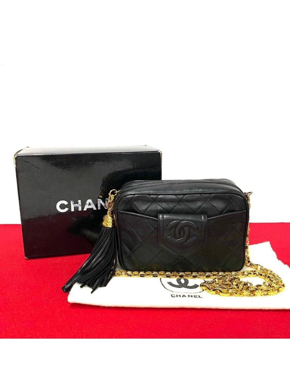 Chanel Quilted Lambskin Leather Fringe Chain Shoulder Bag Black